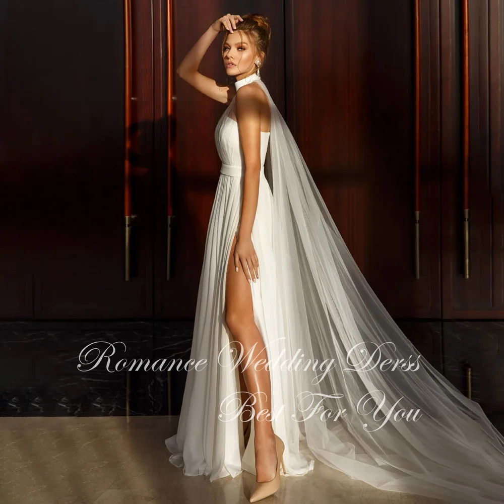 Modernes Brautkleid mit hohem Kragen und hohem Seitenschlitz, A-Linie, 2026, ärmellos, mit Falten, offener Rücken, Brautkleid, Vestidos de Novia, individuell gestaltet