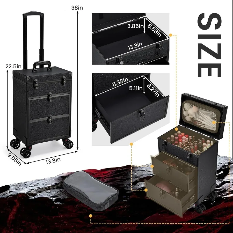 Koper Rias Profesional 3 in 1 Beroda, Koper Kosmetik dengan Roda, Koper Rias untuk Perjalanan, Koper Rias dengan Tas Rias