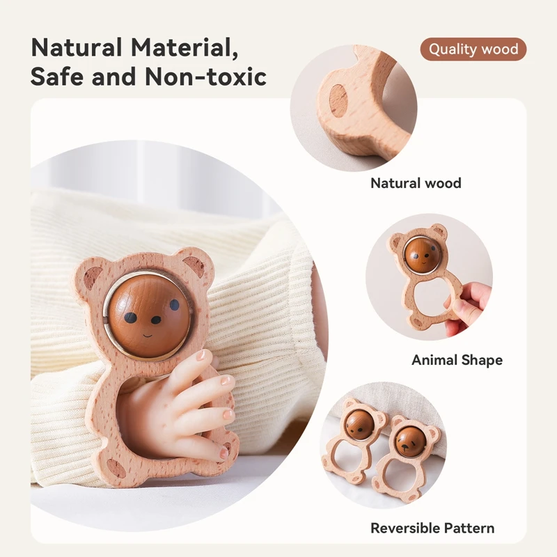 Jouet hochet ours en bois pour bébé, jouet à mâcher et à moudre les dents, sans BPA, musique CPull, apaisant, dessin animé, cadeau de Noël pour nouveau-né