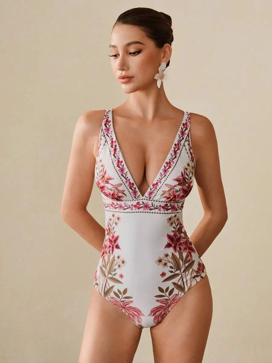 

Womens Boho Floral Print V-Neck One-Piece Swimsuit For Beach Pool Vacation