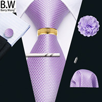 Barry.Wang Silk Mens Tie Hanky Cufflinks Clip Brooch Ring Set Pink Lilac Blue Red Gold Red Necktie Male Wedding Business Events