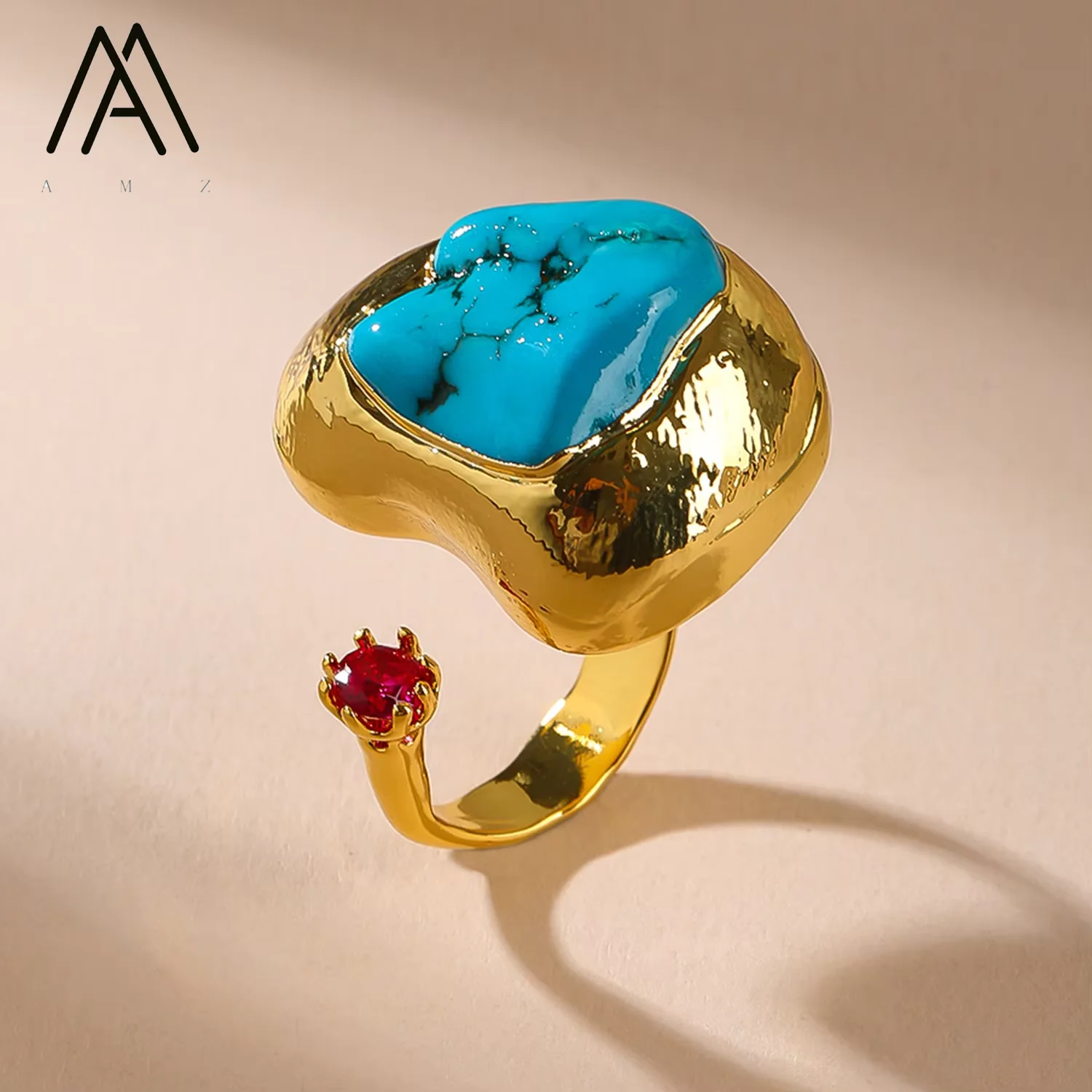 

1PCS Bohemian Turquoise Ring Irregular Fashion 18K Gold-Plated Copper Setting Gemstone Bezel Setting Colorful Zircon Adjustable