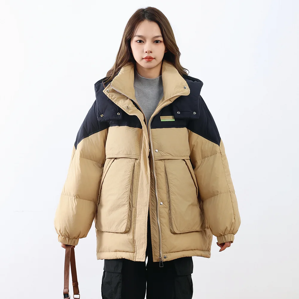 

Women's Puffer Coat Warm Casual Style Nylon Fabric White Duck down Thickened Winter Jacket Loose Color Block