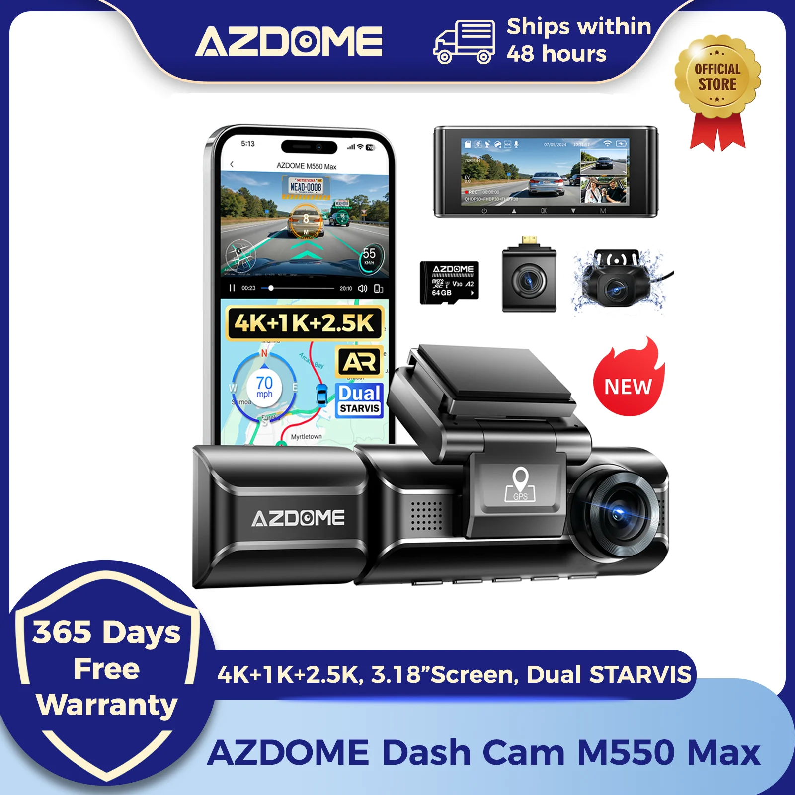 AZDOME M550 Max Dash Cam 4K+1K+2.5K GPS & WiFi Terintegrasi 150FOV Kamera Mobil Monitor Parkir 24 Jam Penglihatan Malam Dash Cam Untuk Mobil