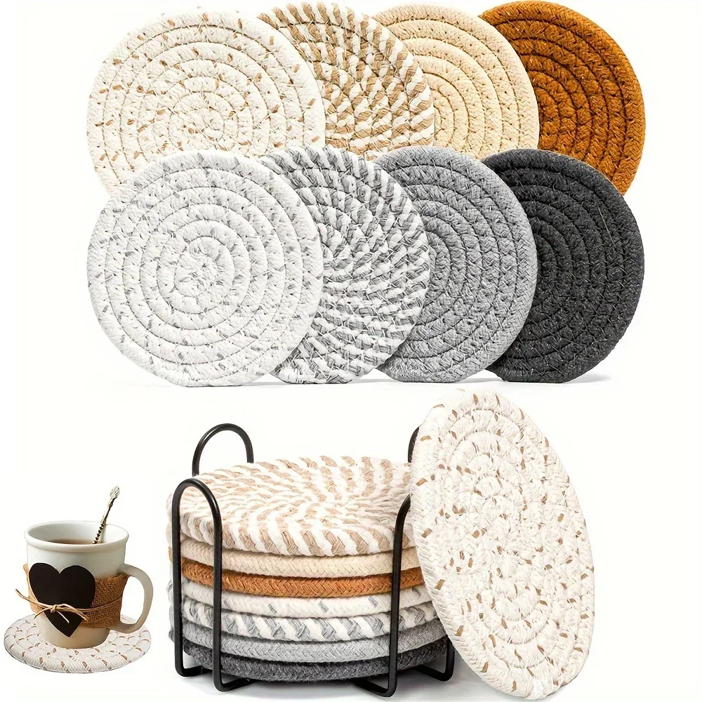 8pcs Cotton Woven Coaster Coffee Cup Mat with Holder High-Temperature Resistant Cup Coasters Absorbent Coasters For Coffee Tea