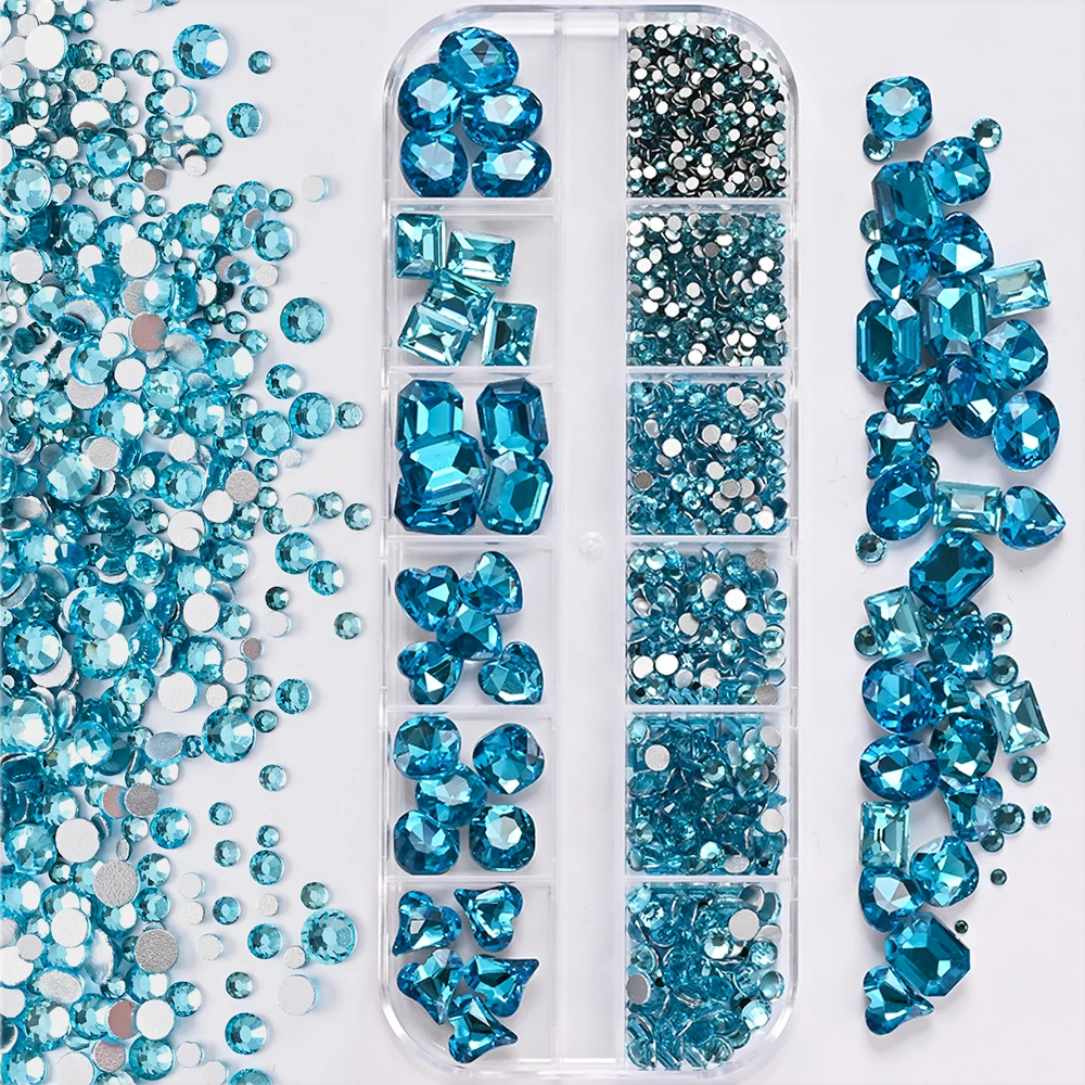 12 グリッド/ボックス 3D 8 色クリア混合ネイルアートラインストーンラウンド/オーバル/スクエア/ハートダイヤモンドネイルチャーム高級 DIY マニキュアジルコン *