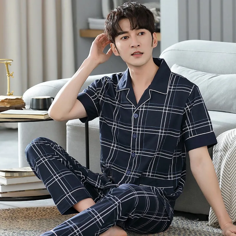 Plus Size Spring Autumn 100% Cotton Pijama for Men Dormir Lounge Sleepwear Pyjamas Bedgown Home Clothes 2 Pieces PJ Pajamas