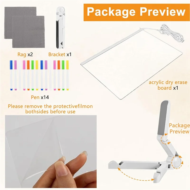 E-fácil de usar-placa de apagamento a seco com luz, placa de nota led de 11,8x7,9 polegadas com cores, placa apagável a seco iluminada com suporte ajustável