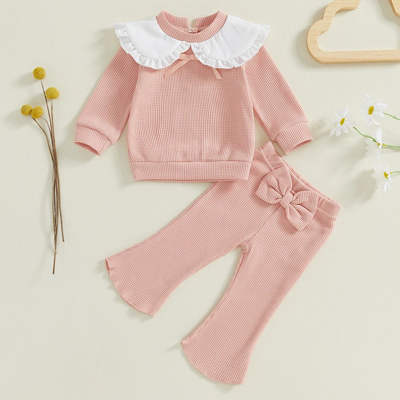 Baby Girls 2-piece Outfit, Long Sleeve Patchwork Sweatshirt with Flare Pants Fall Clothes