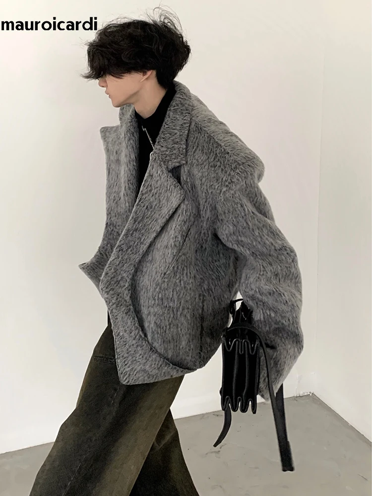 Mauroicardi Autumn Winter Warm Thick Grey Fluffy Wool Blends Blazer Coat Men Shoulder Pads Luxury Designer Woolen Jacket 2024