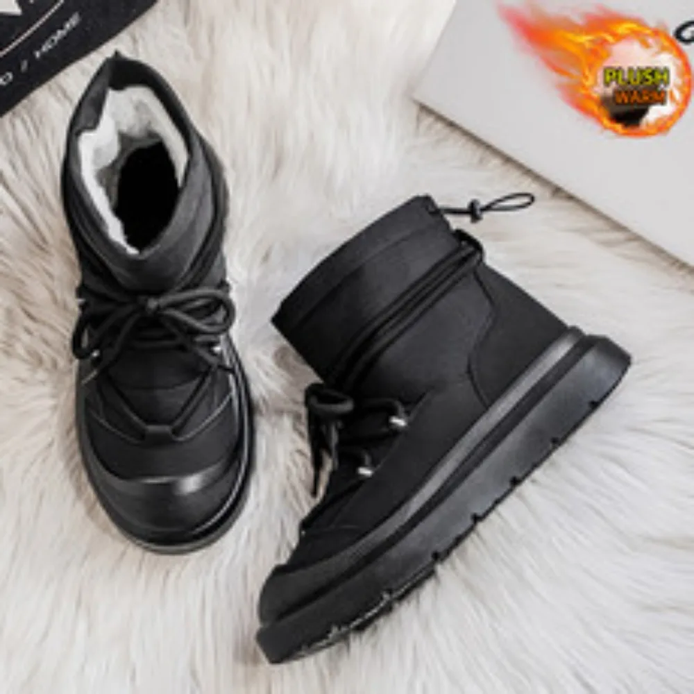 

Work Style Snow Boots for Men Women Plus Fleeces Warm Winter Boots High Top Thick Soled Lace Up Black Plush Couple Cotton Shoes