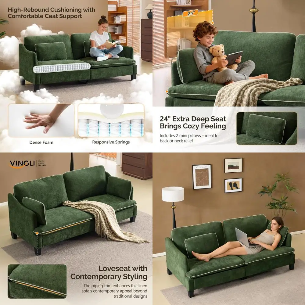 

Двухместный диван-софа из льняного велюра с декоративной окантовкой, съемным чехлом и 2 подушками для гостиной