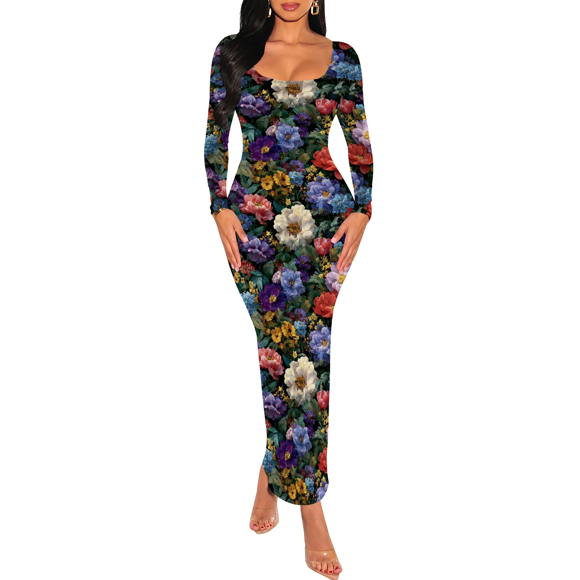 Abito lungo maxi aderente da donna a maniche lunghe con scollo quadrato