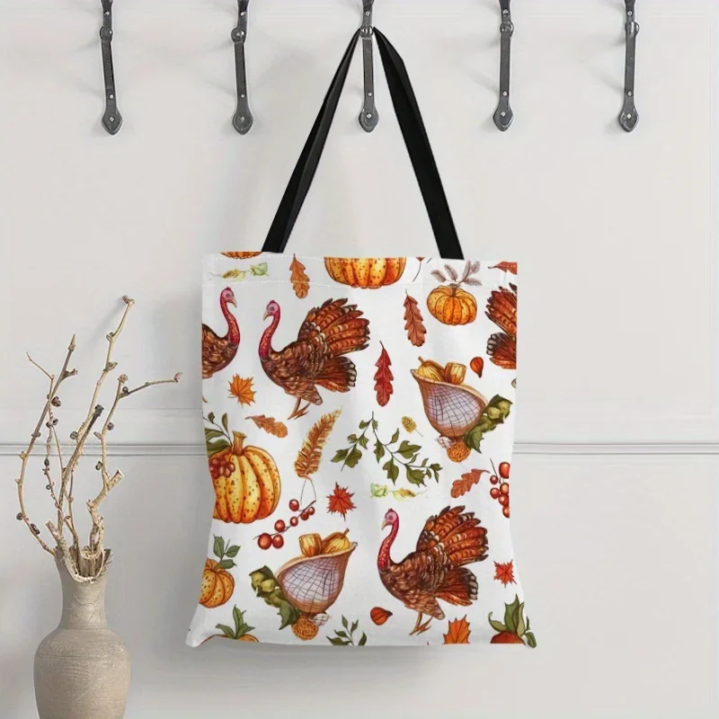 Shopping Bag Canvas Shopping Bag Compact Thanksgiving Turkey Pumpkin 2D Flat Print Tote Bag Affordable Shopping Bag