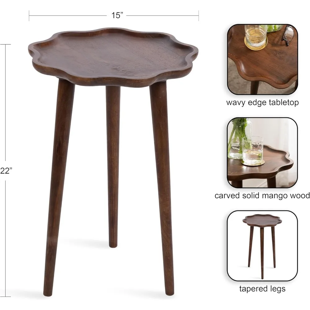 طاولة جانبية مستديرة باللون البني الجوز في منتصف القرن، 15 × 15 × 22، خشب متين بحافة مموجة