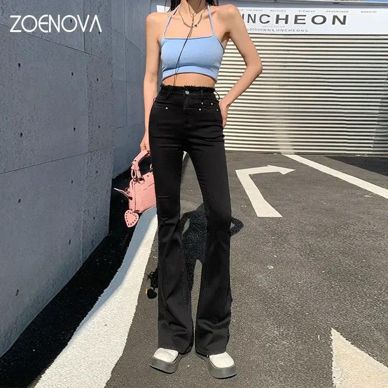 ZOENOVA Y2K Women Clothes Denim Loose Medium Elasticity Flare Jeans New 2023 Spring Burrz Pants Head Strecth Trousers Blue Black