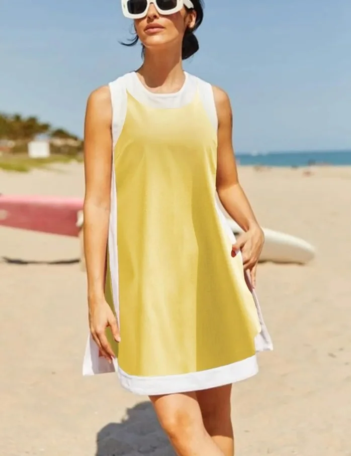 

Summer Casual 2 Piece Set Loose O-neck Sleeveless Side Split Extended Top Elastic Waist Shorts Suit Fashion Vacation Style Suit