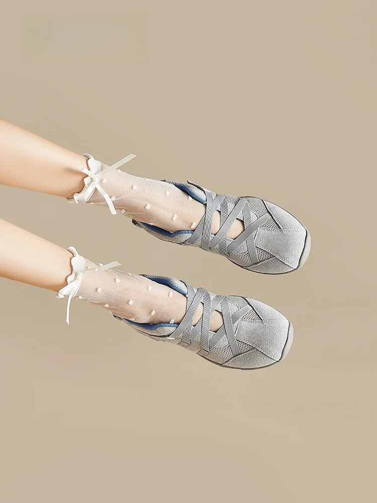 

Ballet Style Thick Heel Dequan Shoes Women's 2026 New Summer Sports Mary Janes Shoelace Tie Low Cut Single Shoes Casual Fashion