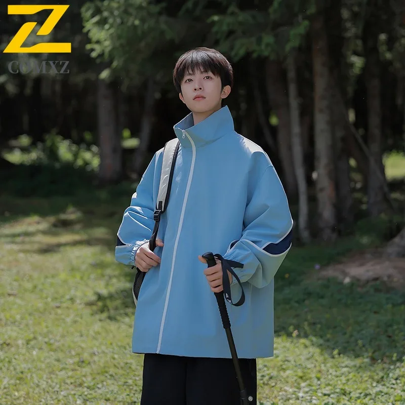 

COMXZ 2024 Mens Loose Fit Sporty Windproof Jacket Color Block Casual Coat