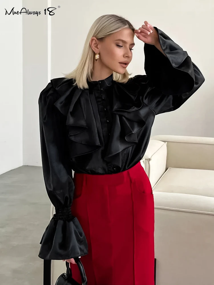 Mnealways18 White Satin Ruffled Shirts Women\'s Flare Sleeves Ruched Strand Collar Blouses And Tops Office Ladies Black Fall 2024