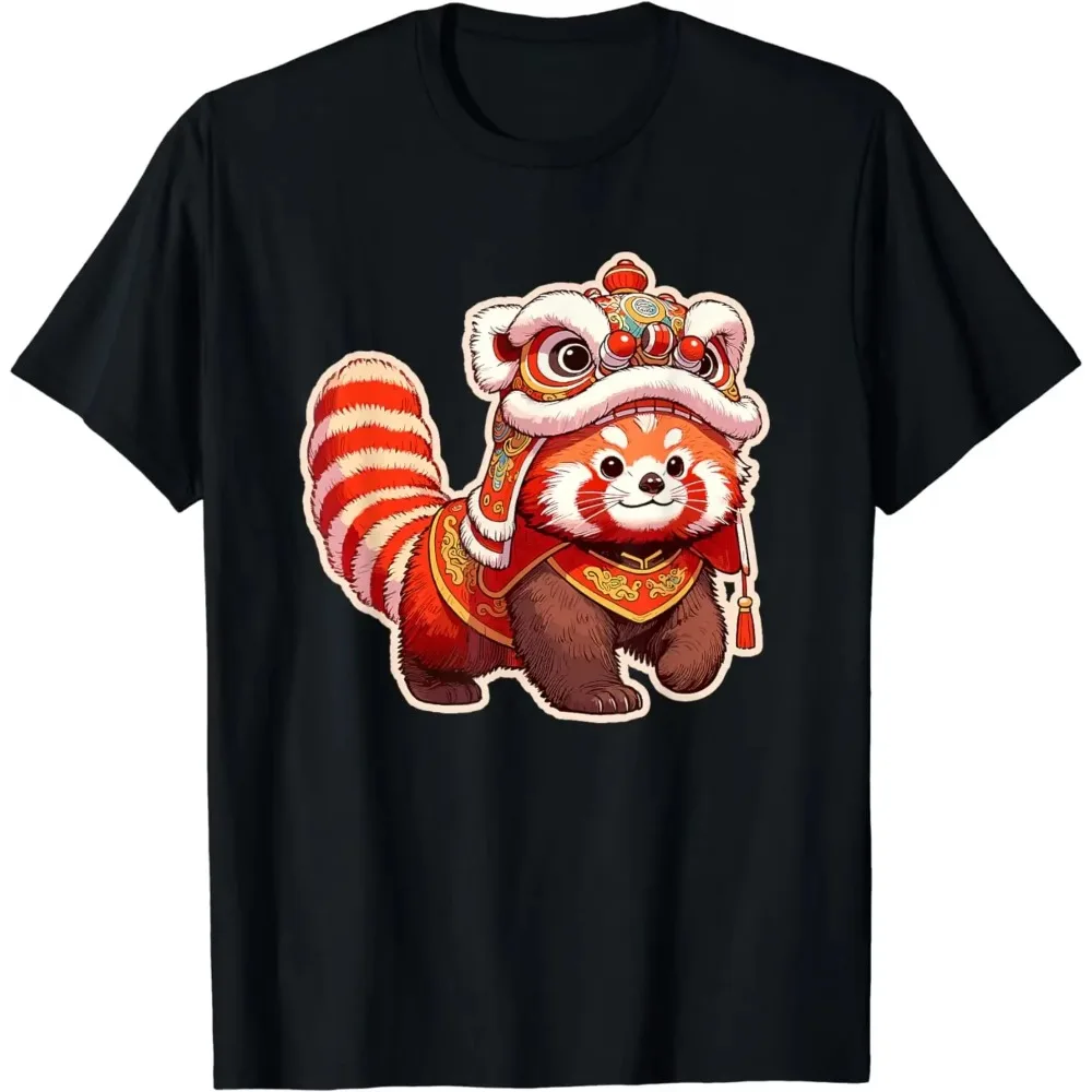 Camiseta de manga corta con diseño de panda rojo y danza del león para el Año Nuevo Chino, ropa Kawaii, camisetas gráficas para hombres y mujeres