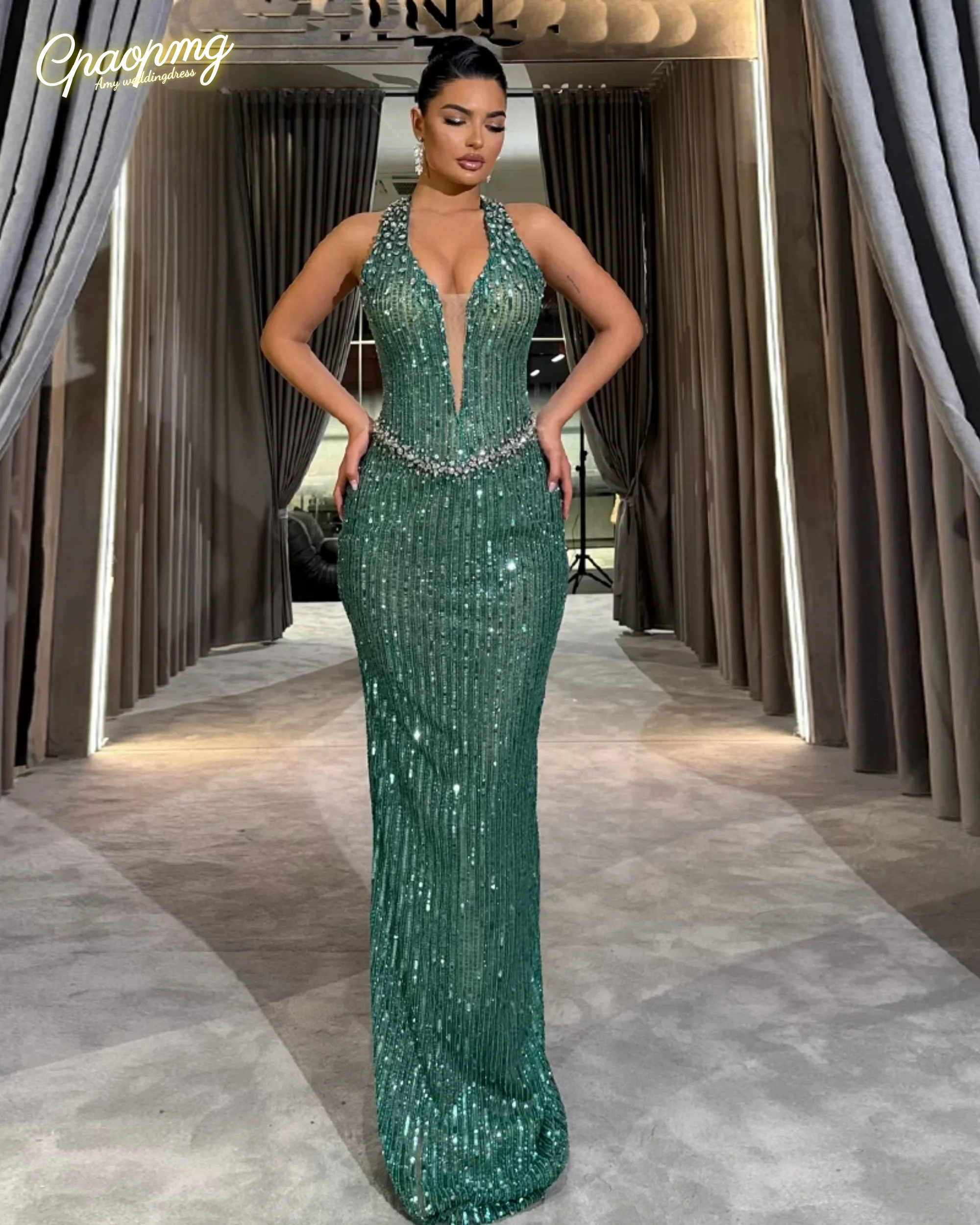 

Customized Sparkly Mermaid Evening Dress for Woman Halter Corset Special Event Dress Vestido de Noche