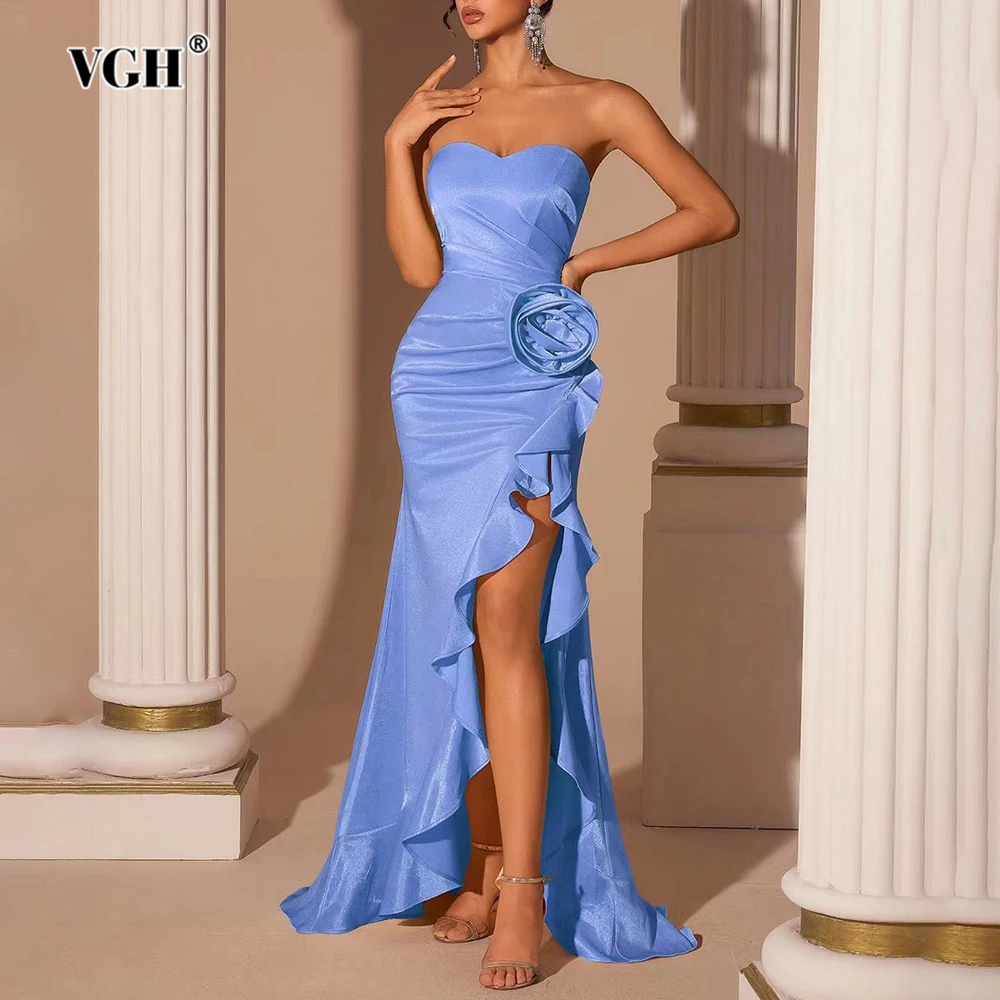 เดรสยาวทรงบอดี้คอนสีน้ำเงิน VGH แต่งลายปะติด คอวีแบบหวาน โชว์ไหล่ เอวสูง ผ่าข้าง เซ็กซี่ สำหรับผู้หญิง รุ่นใหม่