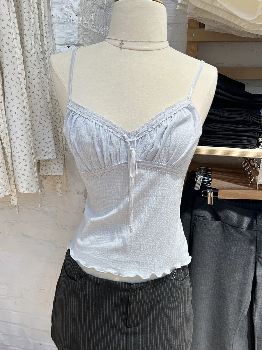 

Solid Lace Trim Folds Tank Top Women Sexy Lace-up V-neck Sleeveless Slim Fungus Hem Crop Vest Summer Sweet Simple Casual Camis