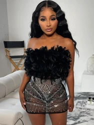 Off The Shoulder Mesh Sheer Rhinestone Feather Prom Corset Dress See Through Night Club Evening Wedding Party Sexy Mini Dresses