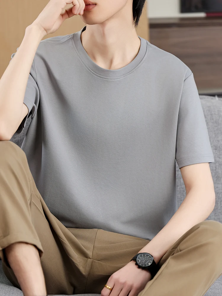 New 100% high-density cotton men's round neck solid color shirt knitted thin casual shirt T-shirt in spring and summer of 2024