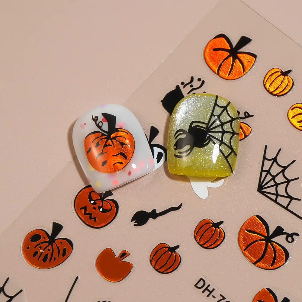 할로윈 네일 아트 스티커 호박 유령 거미 인쇄 자기 접착제 네일 데칼 재사용 가능한 네일 장식 스티커 매니큐어