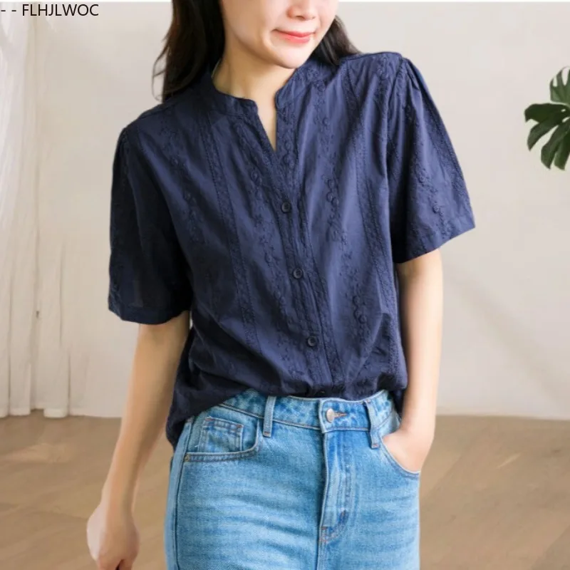 Hauts en coton chemisiers Mori filles FLHJLWOC Design femme japon Style mignon doux manches courtes bouton chemises rétro Vintage hauts