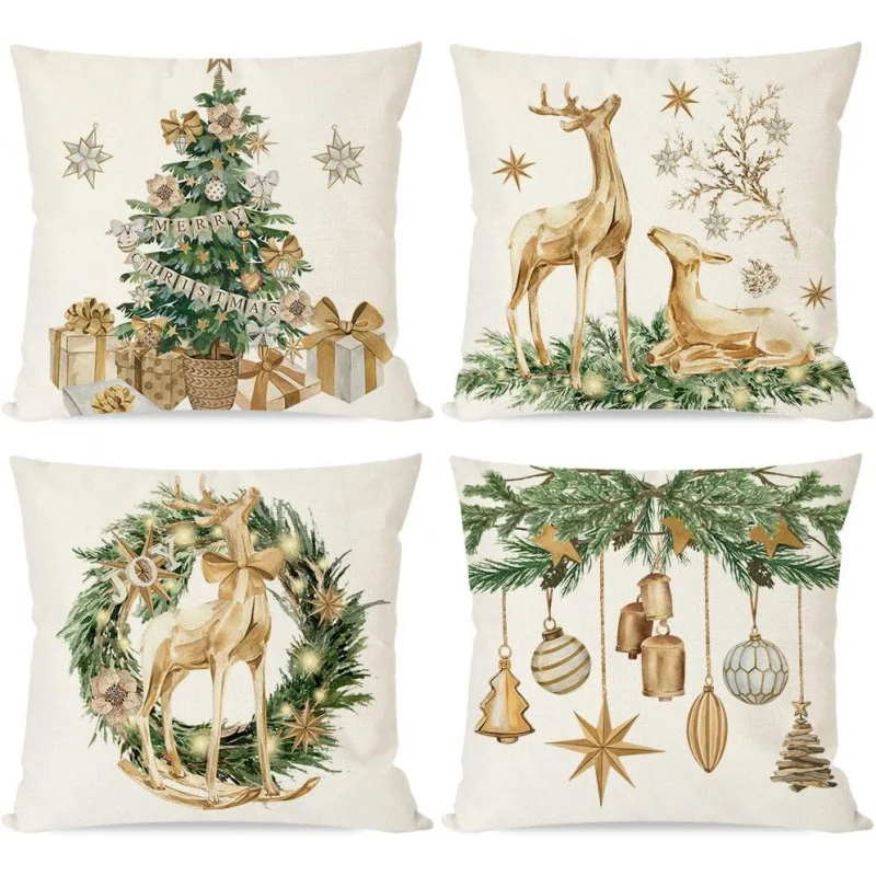 Christmas Pillow Cases 4 Piece Set Reindeer Tree Garland Pine Leaf Retro Suitable for Home Sofa Living Room