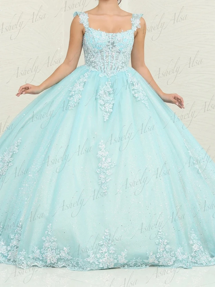 Modern Aqua Women Prom Special Occasion Dress Spaghetti Strap Lace Applique Ball Gown 16 Year Girl Birthday Party Quinceanera 15