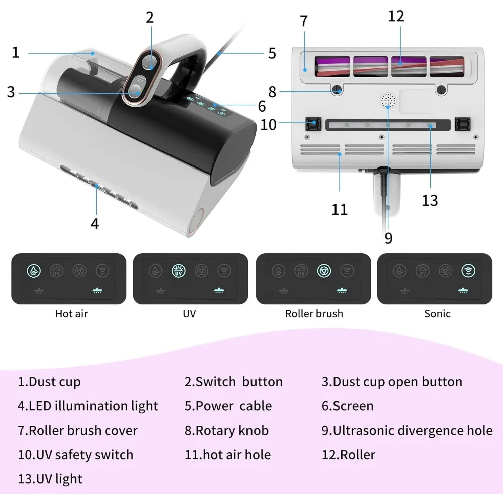 HAOYUNMA Mattress Vacuum, 12kpa Bed Vacuum Cleaner with Double Dust Cup, Deep Sofa Vacuum Cleaner with Lighting and Rolling Brus