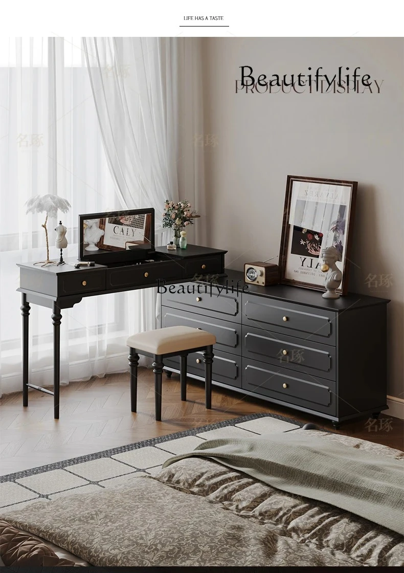 

American retro master bedroom, end of bed, chest, dresser, integrated antique black flip dresser, mirror
