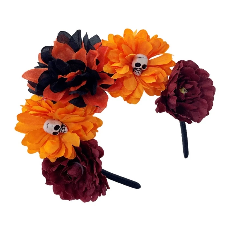 MXMB Handmade Skull Headband Girl Witch Headwear Skull Dark Flower Fursuit Masquerades Halloween Witch Party