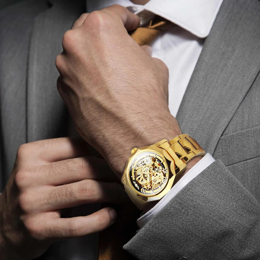 WINNER Royal Irregular Skeleton Watch for Men Gold Luxury Brand Automatic Mechanical Watches Stainless Steel Strap Wristwatches