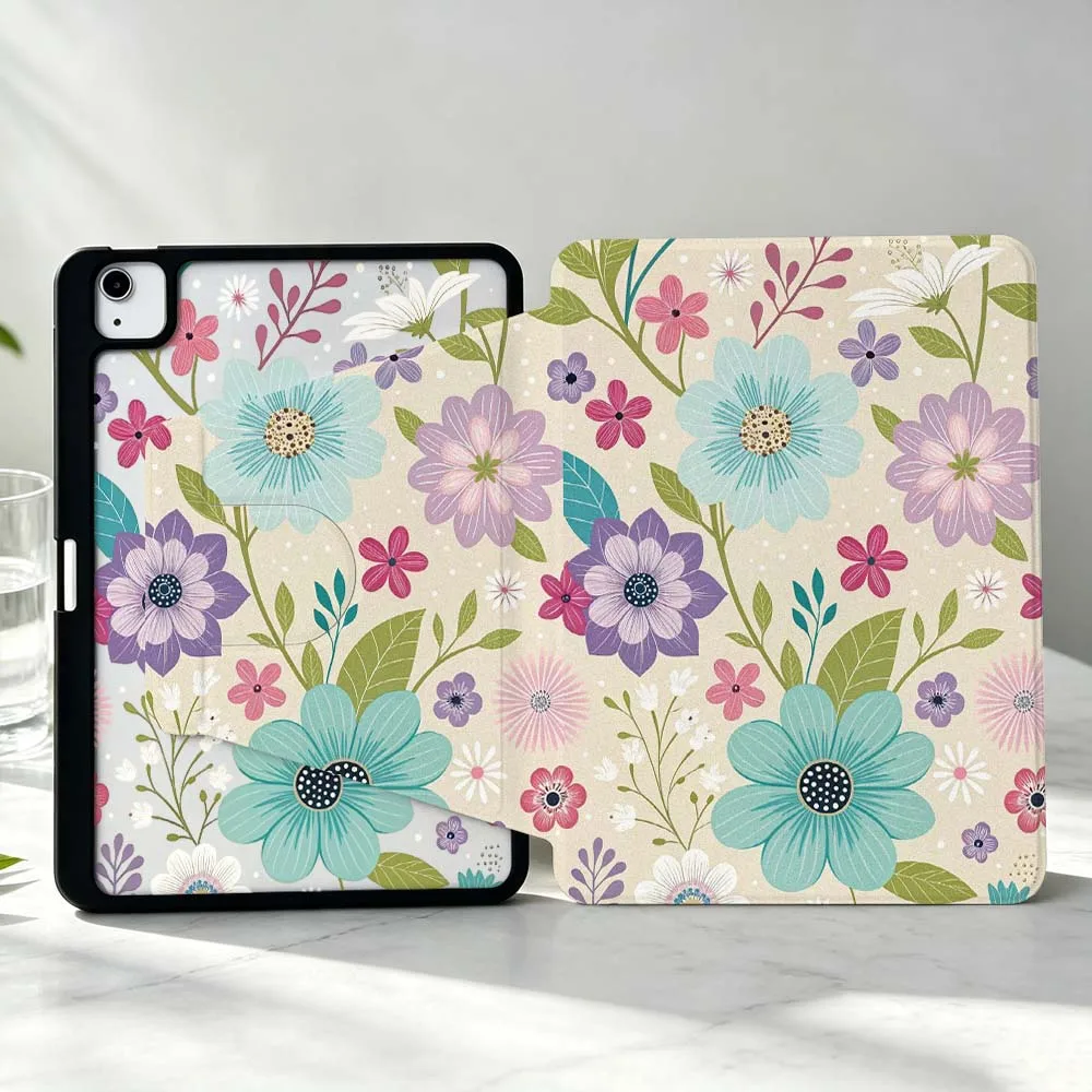 Fashionable Floral Patterns For iPad Pro Air mini 6 5 4 12th M5 M4 M3 M2 A16 A17Pro 360° Rotation Stylus Storage Tablet Case