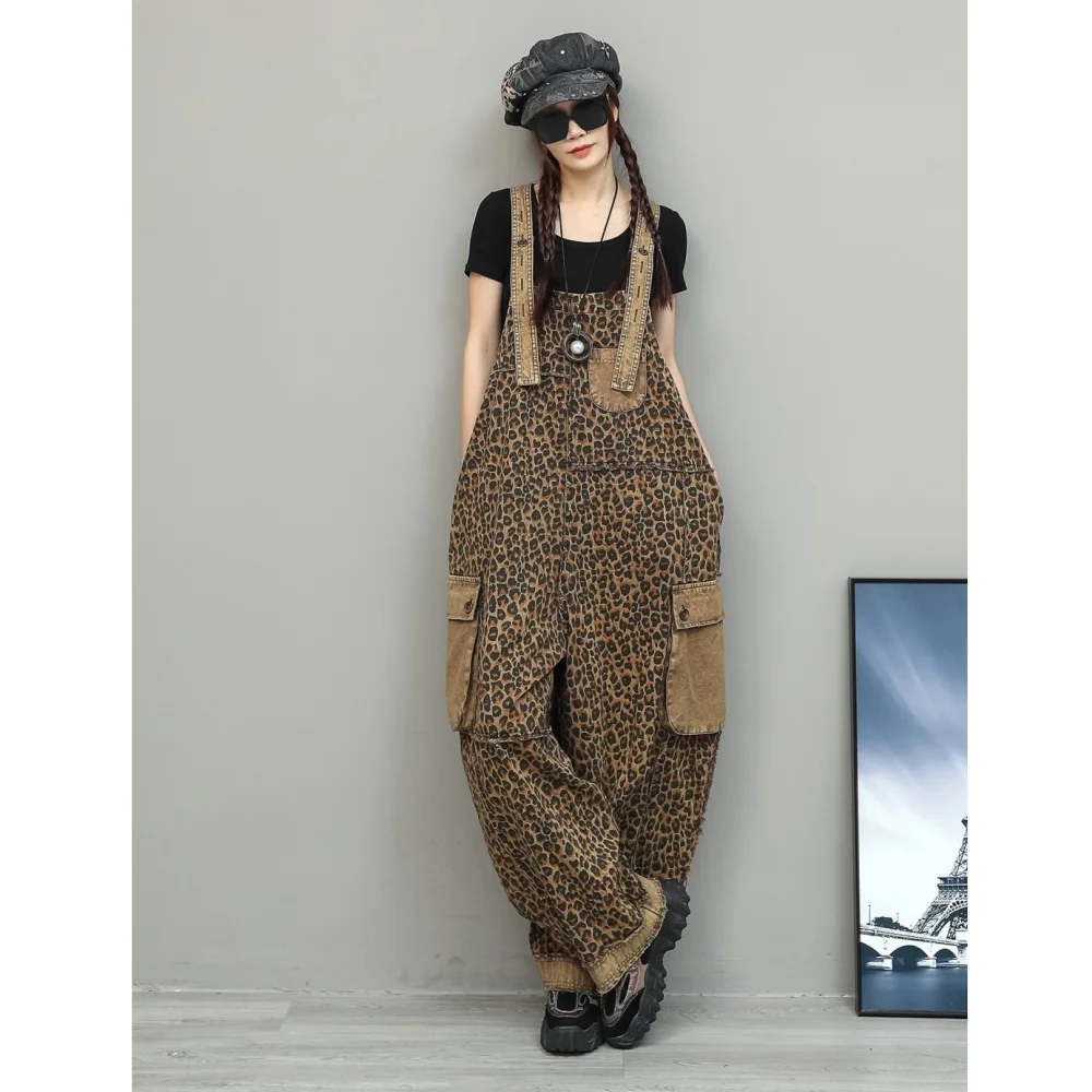 Cool Leopard Print Work Jumpsuit Women Summer Loose Distressed Thin Denim Sleev…