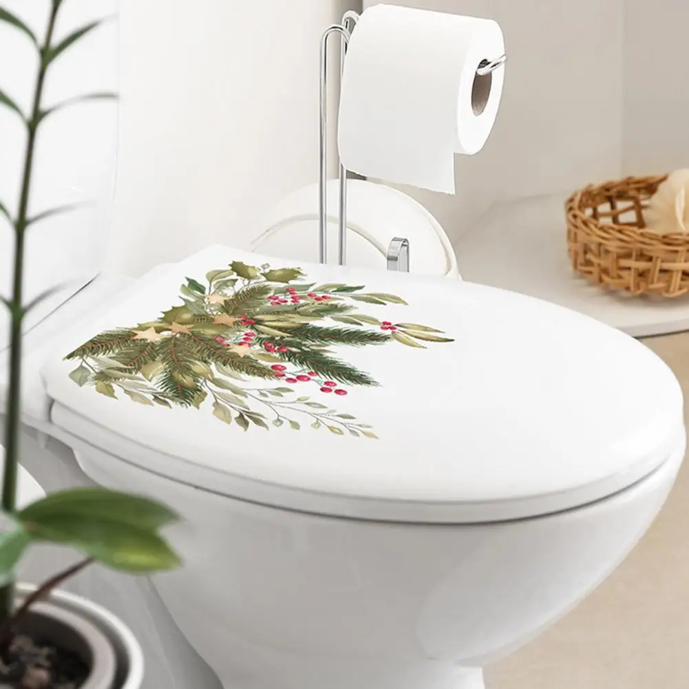 Vibrant Color Toilet Decals Festive Holiday Toilet Decorations Christmas Toilet Sticker Festive Green Plant Leaves for Bathroom