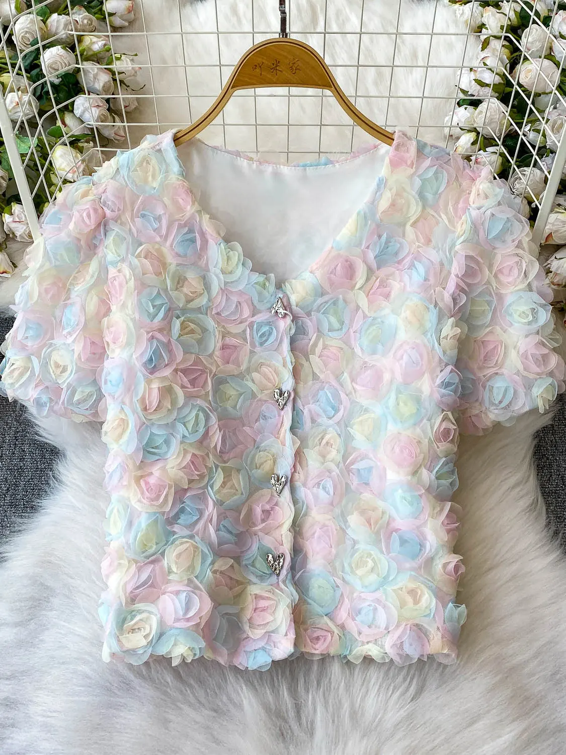 

French Three-dimensional Flower V-neck Puff Sleeve Shirt for Women's Summer Sweet Short Jacket