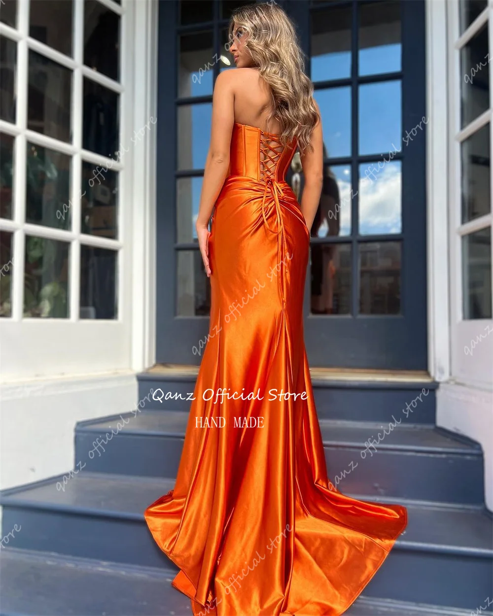 Qanz Orange Modest Mermaid Evening Dresses Stretch Satin Pleat Strapless Robe De Soiree Femmes Dubai Abendkleid Customized