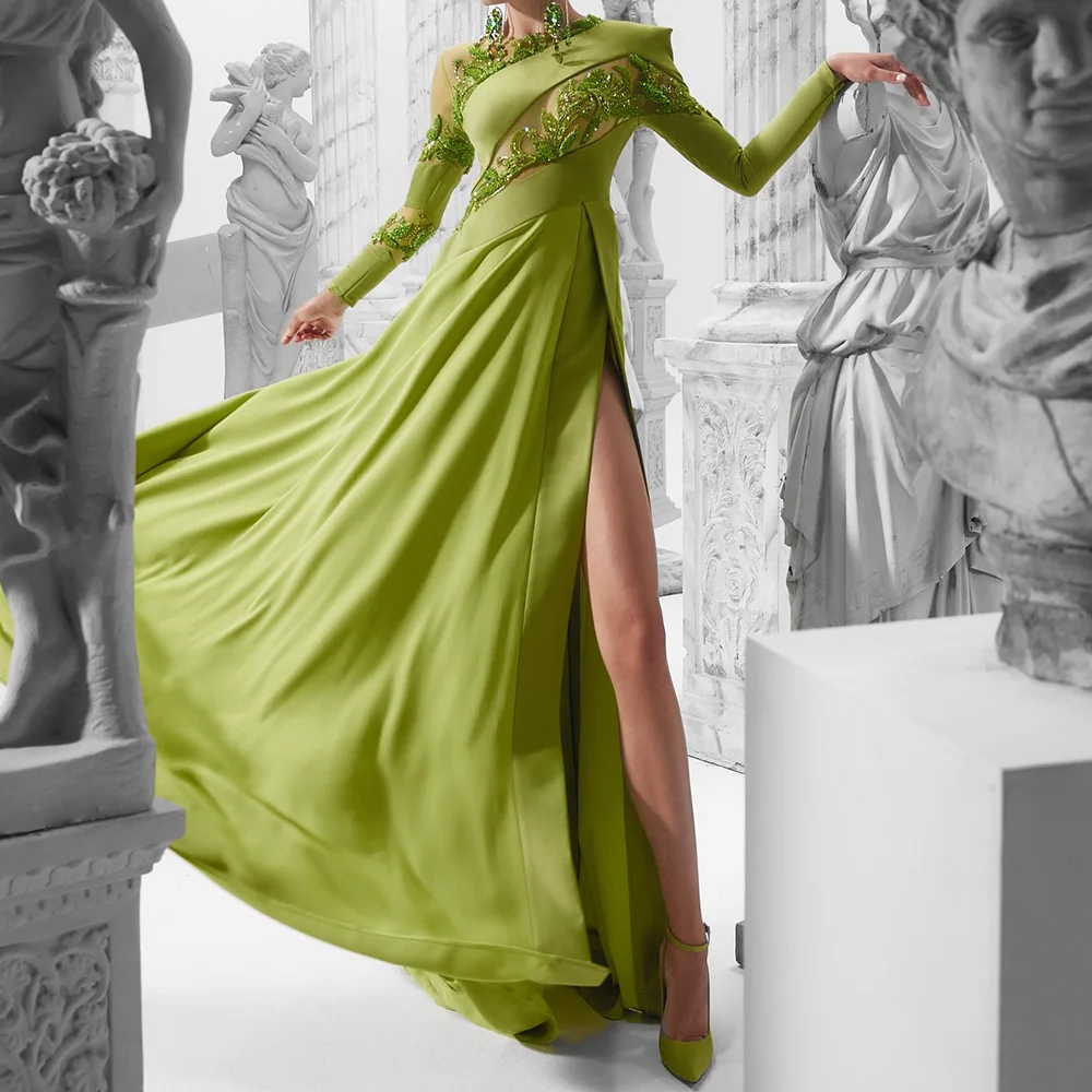 

Crew neck Straight Satin Long Sleeves Floor Length Sweep Train Solid Green Classic Celebrity Dress Bespoke Occasion Gowns Modern