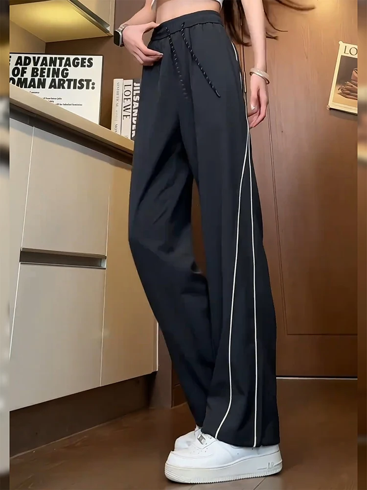 Black Reflective Stripes Ice Silk Men's Summer High Street Straight Casual Pants Drapey Quick Dry Cargo Trousers