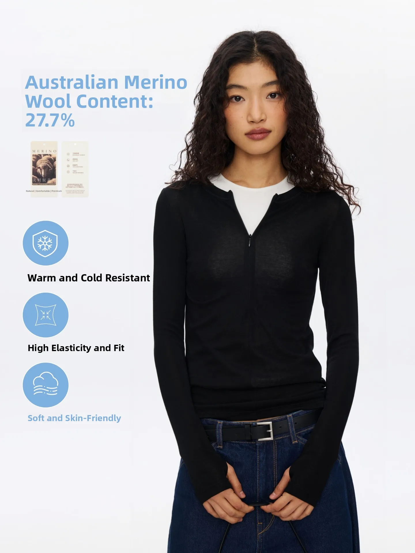 

Oneup Simple Color Half Zip round Neck Slim Fit Long Sleeve Women's T-Shirt Spring Layering Merino Wool Knitwear