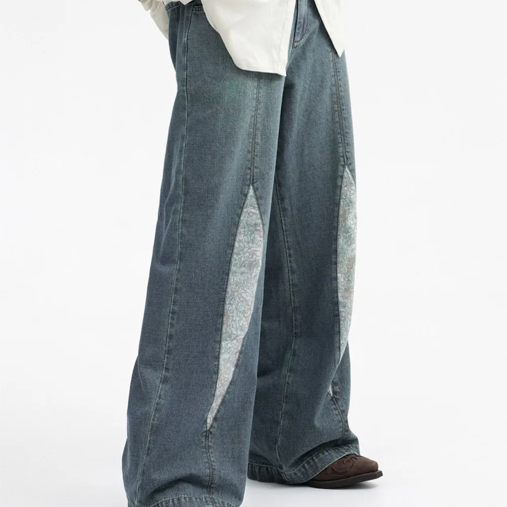 Stitching Contrast Color Deconstruction Wide Leg Pants Trousers Jeans for Men and Women