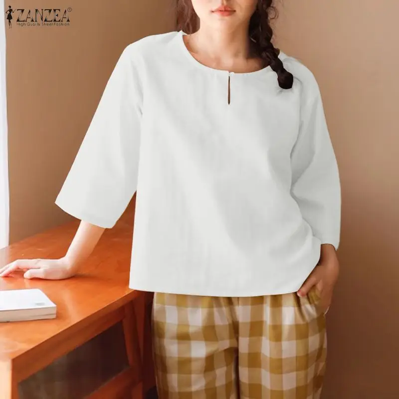

Элегантная женская блузка ZANZEA, модная повседневная однотонная рубашка с рукавом 3/4, летняя свободная туника с круглым вырезом, топы, блузы, женская одежда 2026
