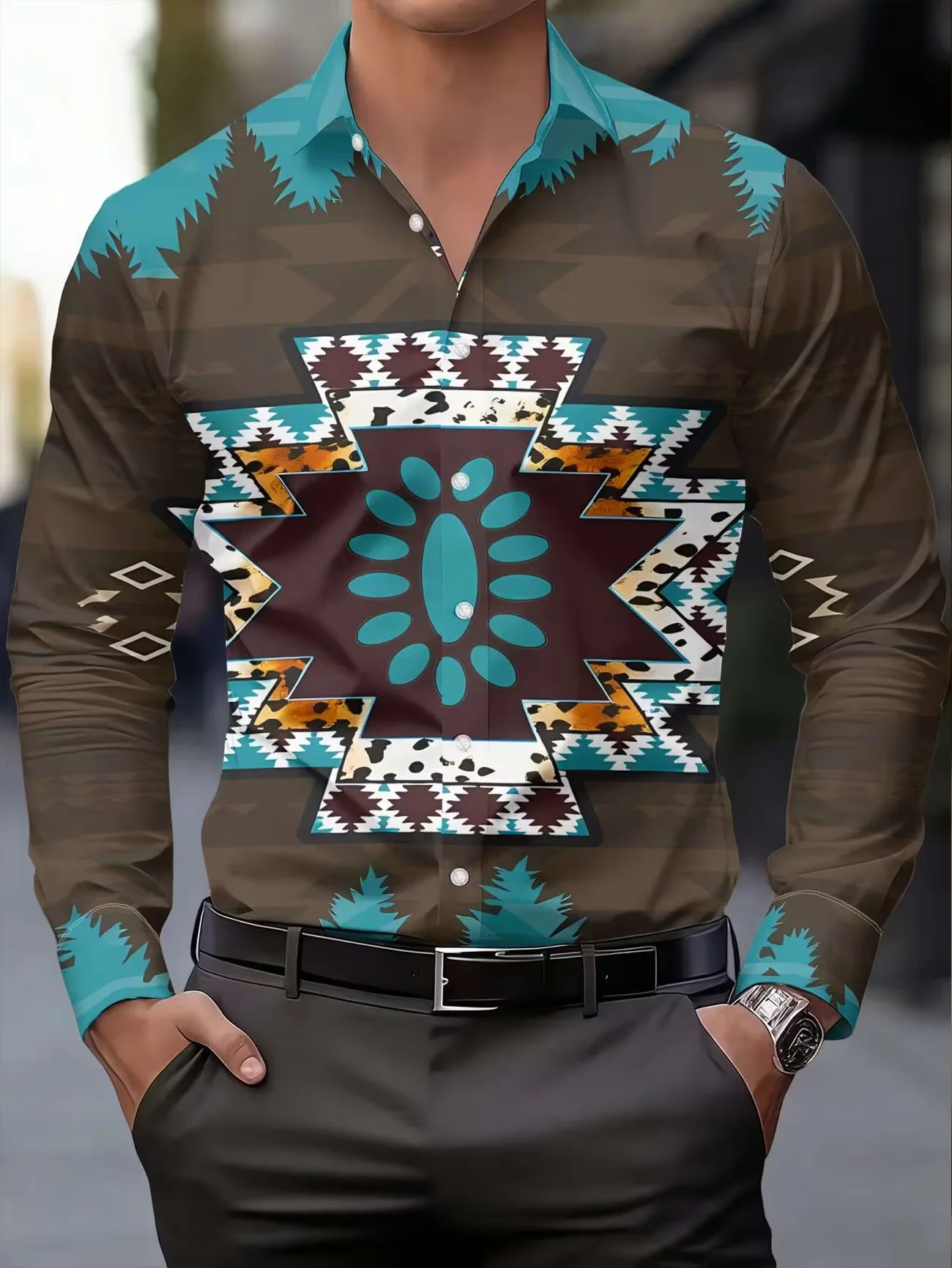 New Dark Gothic Crow Rose Printed Men's Long Sleeve Shirt with Personalized Trendy Brand Casual Flower Shirt