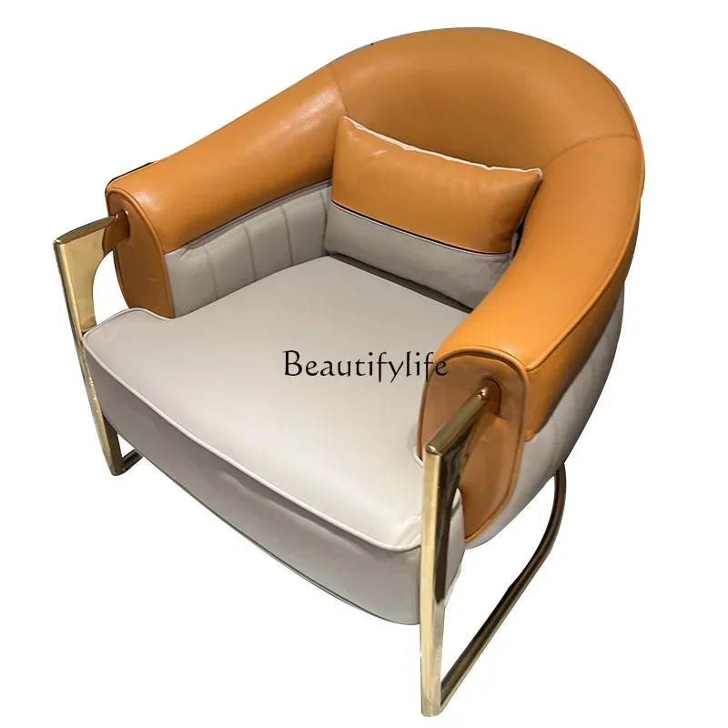 

55Italian light luxury leather leisure chair villa suite stainless steel craft table sofa chair